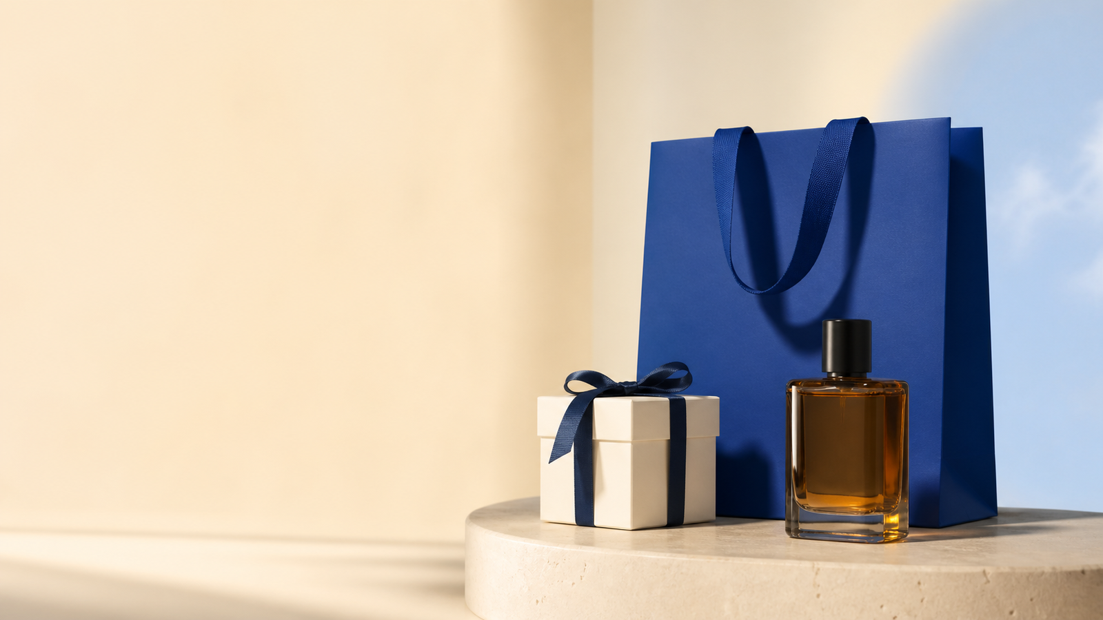 A curated blue shopping bag, gift box and perfume bottle